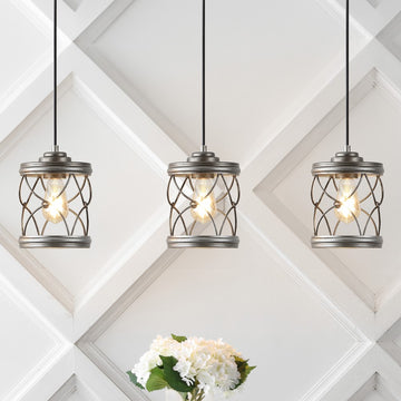 Marelle 6.5" Farmhouse Industrial Iron Filigree Caged Jar LED Pendant - JONATHAN Y